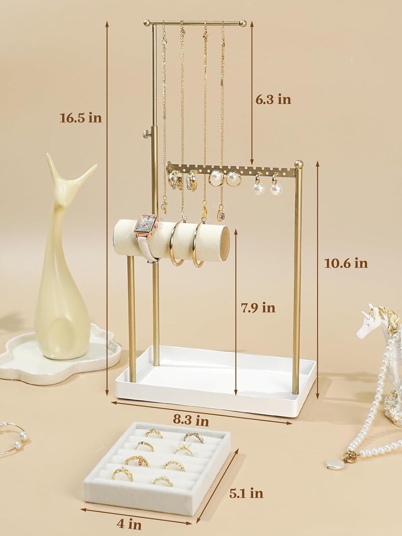 Jenseits Jewelry Organizer Stand with Ring Holder - 3-Tier Gold Jewelry Holder Tower with Velvet Tray, Necklace Holder, Bracelet & Earring Display Stand for Women, Gift for Her - Image 4